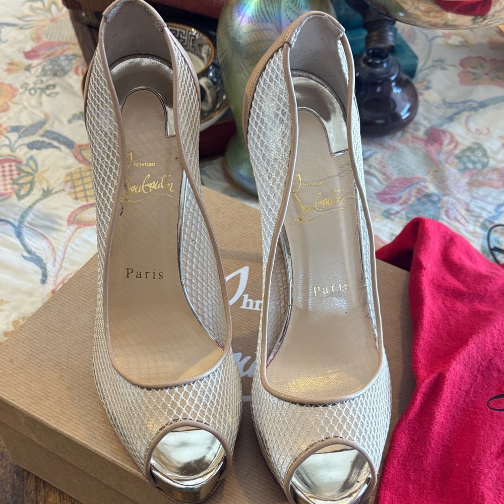 Christian Louboutin Metallic Mesh Peep-Toe Heels